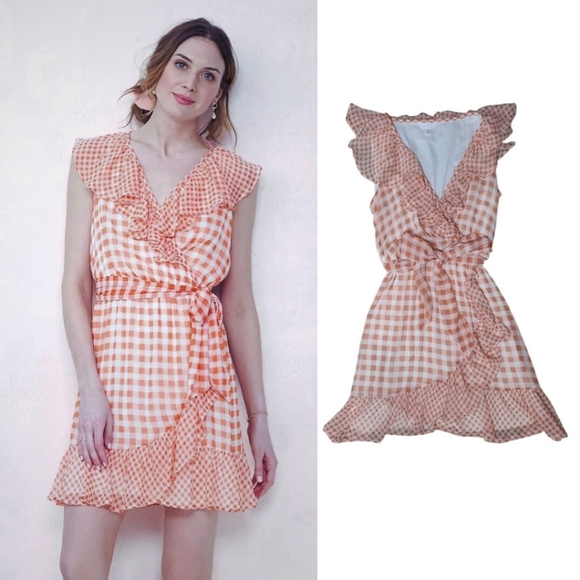 LC Lauren Conrad April Gingham Ruffle Dress in Peach and White Size XS - Picture 1 of 10